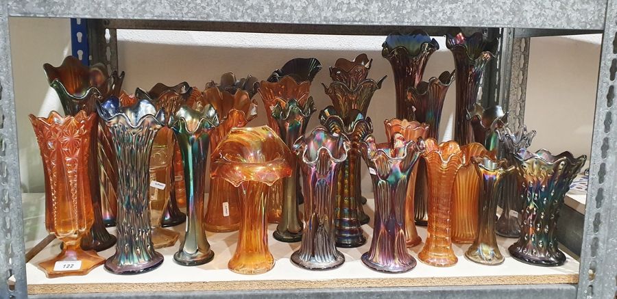 Collection of Carnival glass vases, early 20th century, in amethyst, blue and marigold colours, - Image 2 of 13