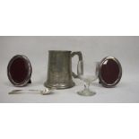 Irish silver spoon, pewter tankard, a pair of oval silver-plated picture frames and a wine glass
