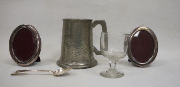 Irish silver spoon, pewter tankard, a pair of oval silver-plated picture frames and a wine glass