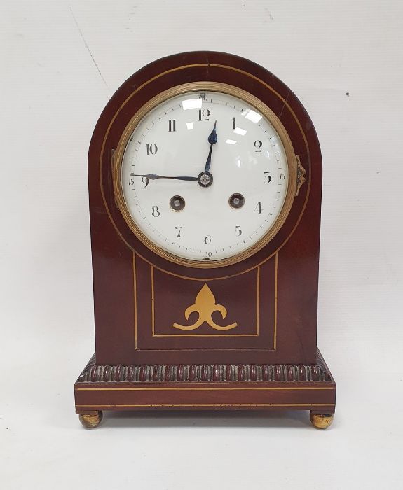 Late 19th/early 20th century mahogany and brass inlaid mantel clock, the case of domed form, the - Image 7 of 7