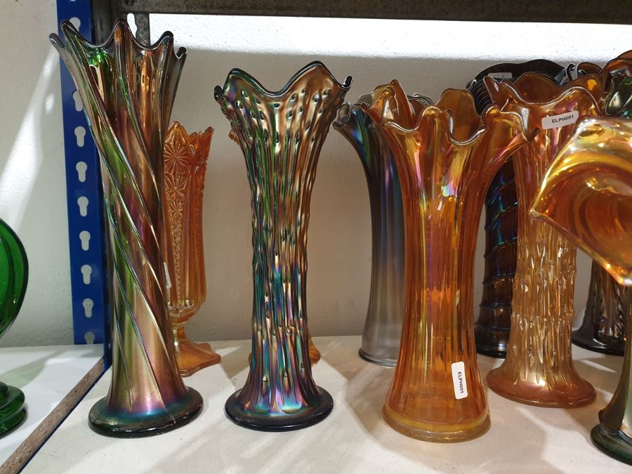 Collection of Carnival glass vases, early 20th century, in amethyst, blue and marigold colours, - Image 5 of 13