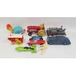 Collection of vintage toys including Rolls Royce car, battery operated No.2 red race car and