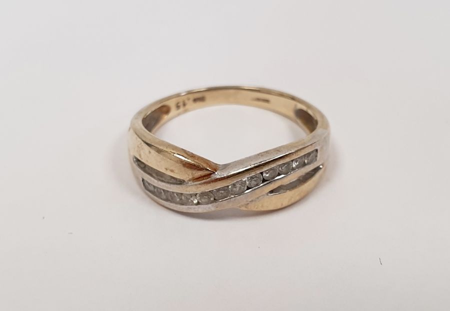 9ct gold and tiny diamond half-hoop crossover ring, 2g approx.