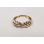 9ct gold and tiny diamond half-hoop crossover ring, 2g approx.