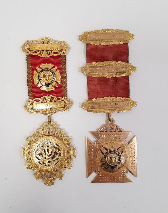Masonic interest - two 9ct gold and enamel masonic medals, variously mounted with 9ct gold badges,