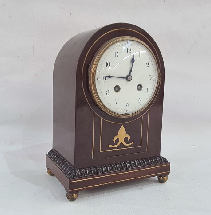 Late 19th/early 20th century mahogany and brass inlaid mantel clock, the case of domed form, the - Image 4 of 7