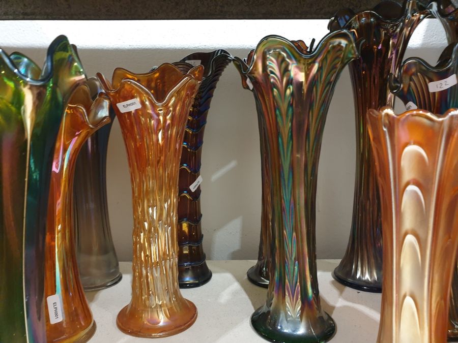 Collection of Carnival glass vases, early 20th century, in amethyst, blue and marigold colours, - Image 9 of 13