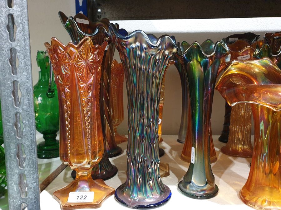 Collection of Carnival glass vases, early 20th century, in amethyst, blue and marigold colours, - Image 3 of 13