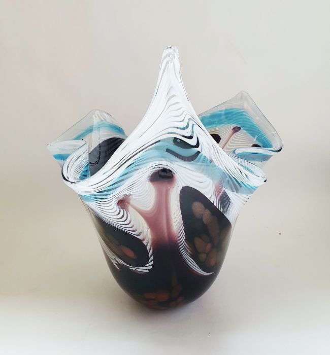 Murano Fazzoletto glass centrepiece freeform vase with white, burgundy and blue swirls and gold - Image 2 of 14
