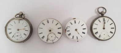 Two various silver open-faced pocket watches and two antique pocket watch movements