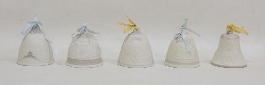 Five Lladro bisque porcelain Christmas bells,  each tied with a little pink ribbon, 1995, 1999,