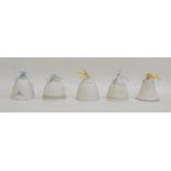 Five Lladro bisque porcelain Christmas bells,  each tied with a little pink ribbon, 1995, 1999,