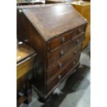 George III oak bureau with fitted interior, above two short and three long graduated drawers, on