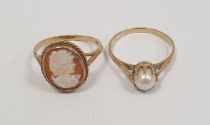 9ct gold and shell cameo ring and a gold and cultured pearl ring, approx 5g gross (2)