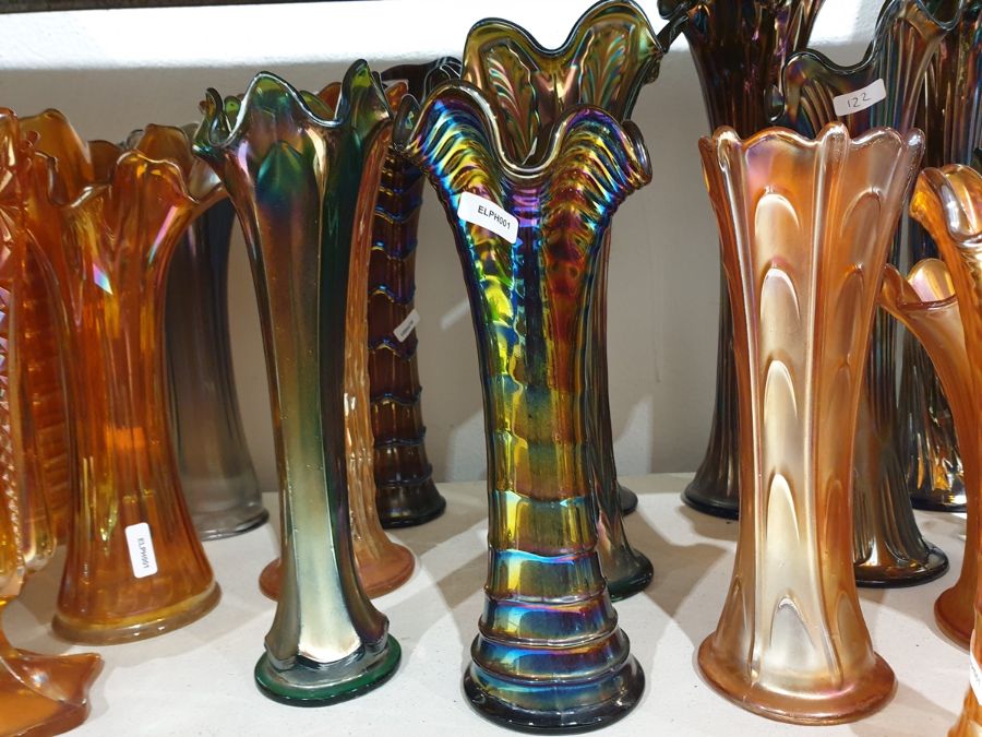 Collection of Carnival glass vases, early 20th century, in amethyst, blue and marigold colours, - Image 8 of 13