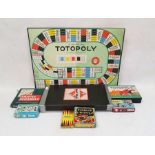 Vintage games to include Monopoly and Totopoly boards with pieces and instructions, Travel scrabble,