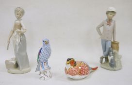 A Royal Crown Derby model of a pheasant, a Herend model of a bird and two Nao figurinesCondition