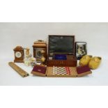 Lady's vanity box, an abalone card case, two wooden cased mantel clocks and various sundry items