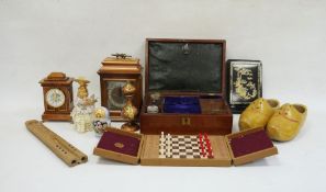 Lady's vanity box, an abalone card case, two wooden cased mantel clocks and various sundry items