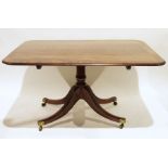 Regency mahogany tilt-top table, the rectangular crossbanded top with rounded corners, to single