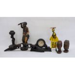 Collection of carved African figures and heads, a wooden mantel clock, etc