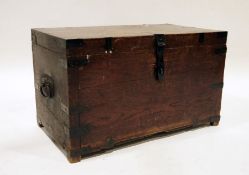 Vintage teak and bound trunk with drop ring handles, 68cm x 40cm