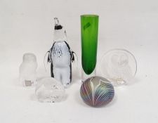 Lalique crystal model of an owl, a Wedgwood glass paperweight, a green cased art glass vase, an