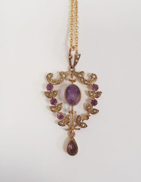 9ct gold amethyst and seedpearl pendant, foliate and scroll openwork, set two larger faceted