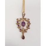 9ct gold amethyst and seedpearl pendant, foliate and scroll openwork, set two larger faceted