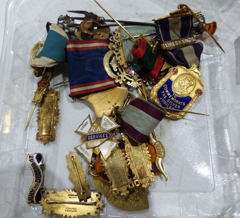 11 silver-gilt  and enamel masonic medals, a large gilt metal and enamel masonic medal attached to - Image 2 of 7