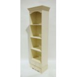 White painted narrow open bookcase with single drawer under, on plinth base, 55cm x 186cm