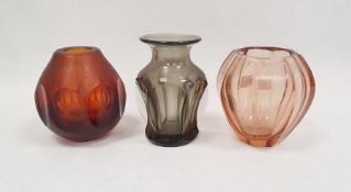 Three glass vases, including a Moser Karlovy Vary pink panel cut vase, etched marks, 11cm high, an