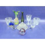 Collection of glassware, including an Edwardian vaseline-style glass ewer applied with a pink flower
