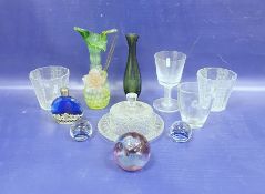 Collection of glassware, including an Edwardian vaseline-style glass ewer applied with a pink flower