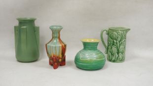 Collection of English Art Deco ceramics, comprising a Bretby pottery turquoise glazed compressed