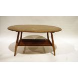 Ercol oval coffee table with elm top and beech supports, rack under, 99cm wide Condition Report Some