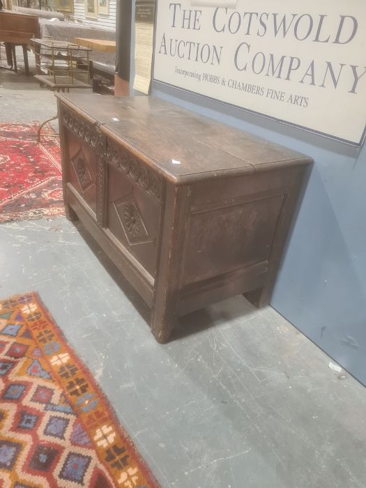 Possibly 17th century and later oak coffer, the rectangular top with moulded edge, diamond carved - Image 3 of 15