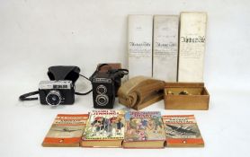 Russian Lubitel box camera, a Halina 2000 SLR camera, a wooden chess set, three 19th century