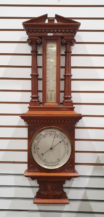 Aneroid barometer/thermometer in mahogany case, 94cm high
