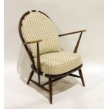 Mid-century modern Ercol stickback chair with loose upholstered seat and back cushion, on turned