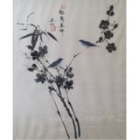 20th century Chinese school Pair of paintings on fabric Birds on branches, bearing seal stamps