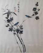 20th century Chinese school Pair of paintings on fabric Birds on branches, bearing seal stamps