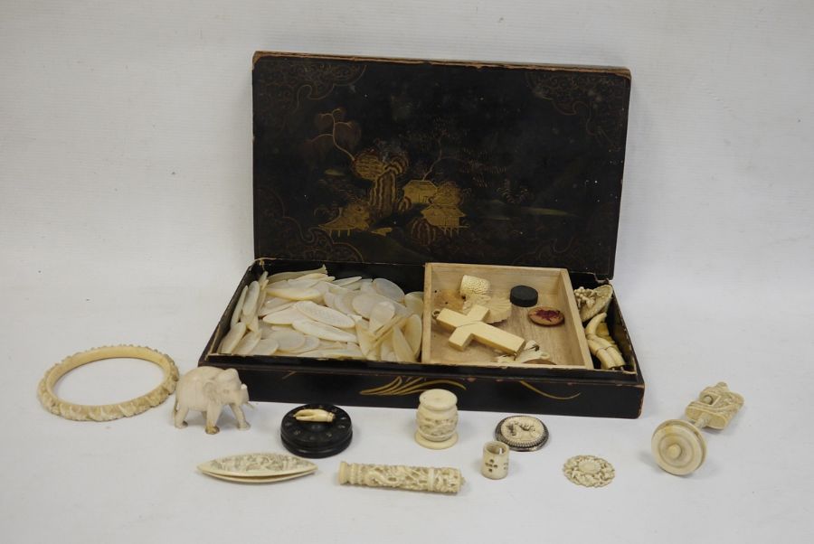 Assorted mother-of-pearl Chinese game counters including some in form of fish, ivory cross, bangles,