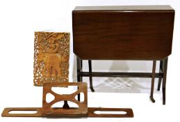 20th century mahogany Sutherland table, a modern carved Eastern panel and a sheet music stand (3)