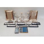 Electroplated wares to include three-branch candelabrum, flatware, etc (1 box)