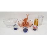 Collection of coloured glassware and paperweights, including a mid century amber Lens vase by
