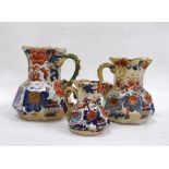 Three Masons ironstone hydra jugs in sizes, 19th century, printed blue marks, printed and painted in