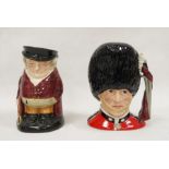 Royal Doulton 'The Guardsman' character jug (20.5cm high) and 'The Huntsman' Toby jug (19.5cm high),