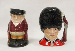 Royal Doulton 'The Guardsman' character jug (20.5cm high) and 'The Huntsman' Toby jug (19.5cm high),