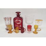 Collection of Bohemian coloured enamelled and engraved glassware, including a ruby flashed and